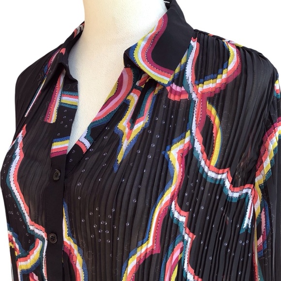 Catherine Malandrino Retro Black Crinkle Button-Down Long Sleeve Blouse … - Picture 7 of 14